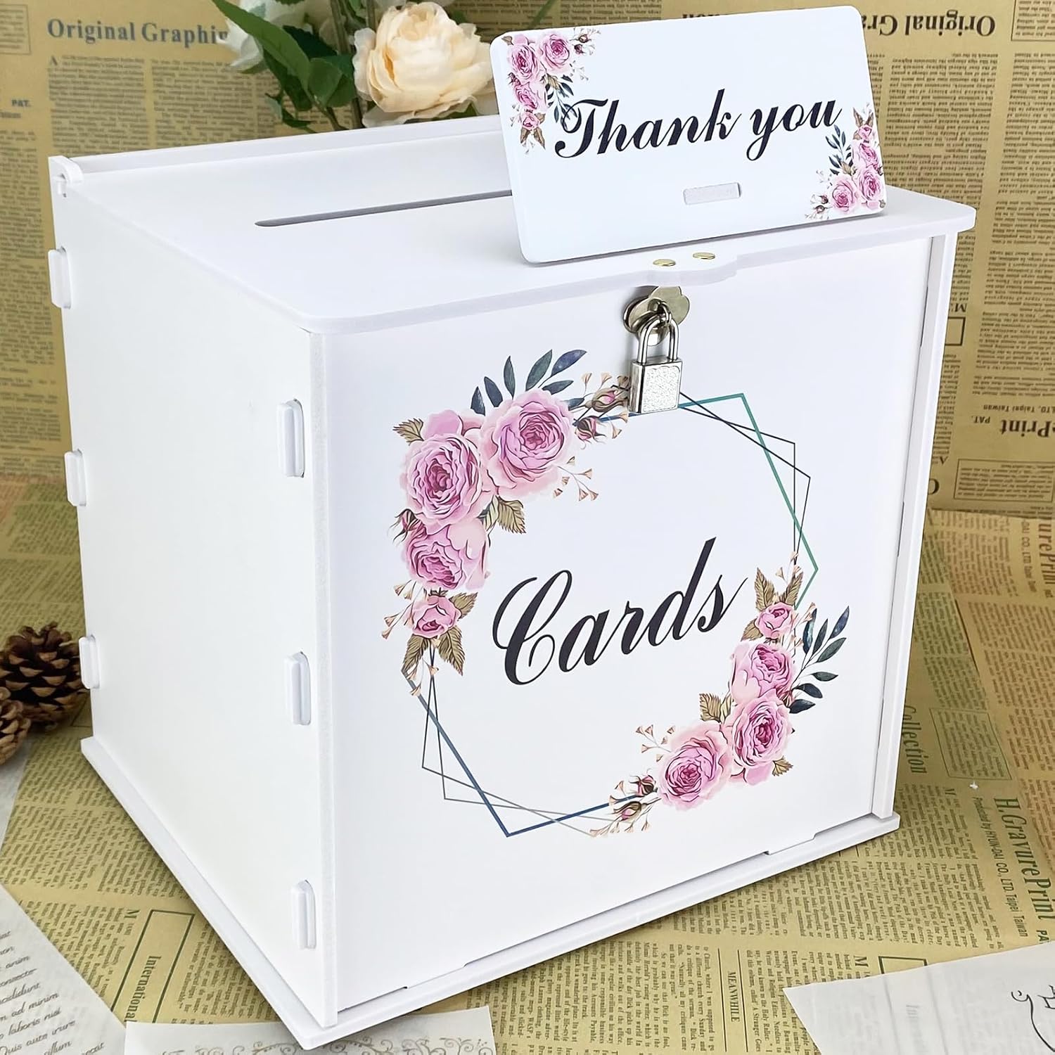 Caja de tarjetas de boda blanca con cerradura, cajas de tarjetas de boda de regalo para recepción con soporte de dinero con letrero de rosa para