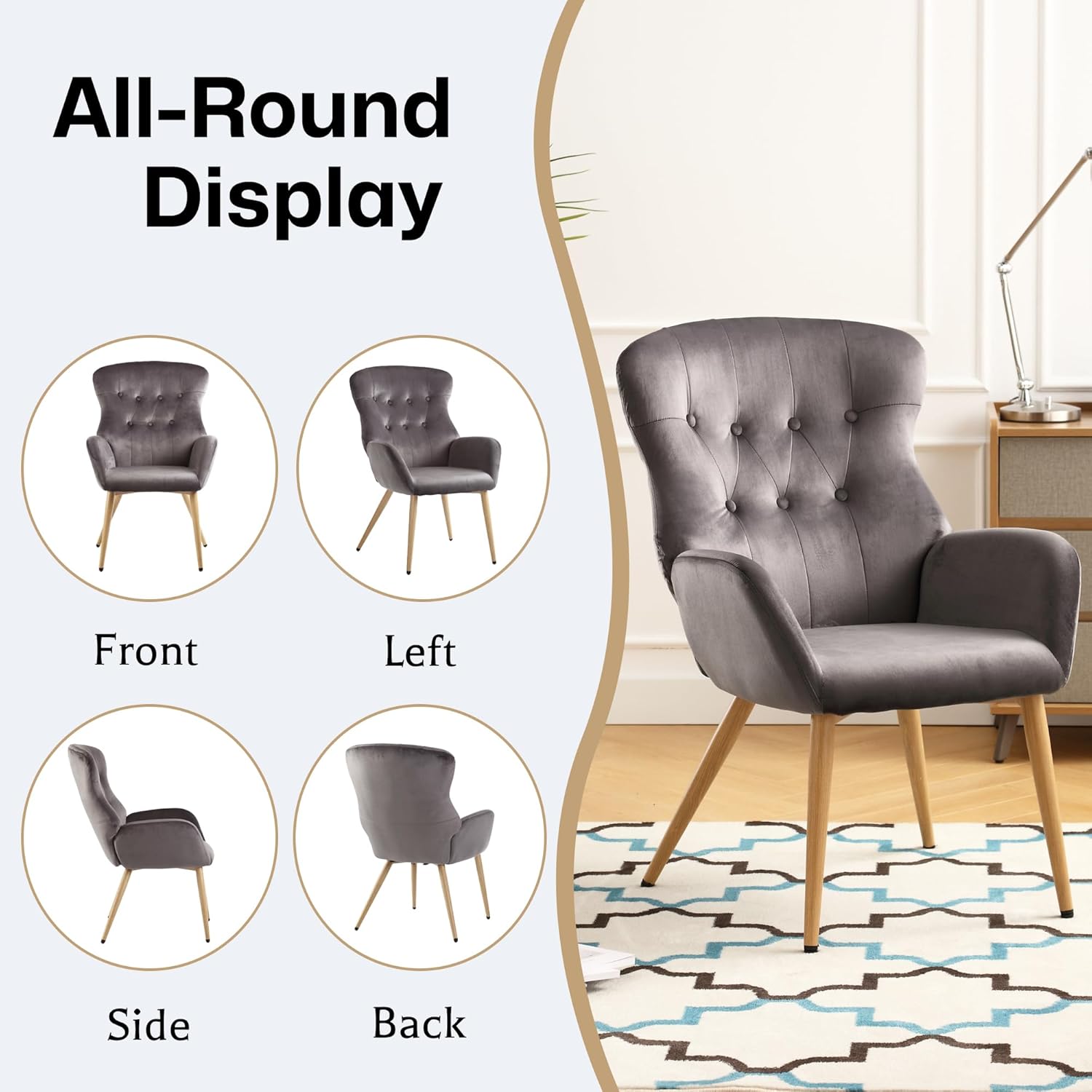 Silla decorativa de terciopelo, silla de lectura copetuda con botones con respaldo de ala alta grande, cómoda silla de tocador tapizada con patas de