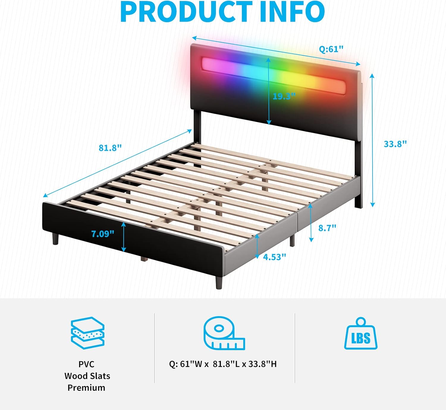 Mjkone Platform Bed Frame with Smart RGB LED Light Strip, Queen Size Bed Frame with Adjustable Headboard, Compatible with Alexa & App, No Mattress