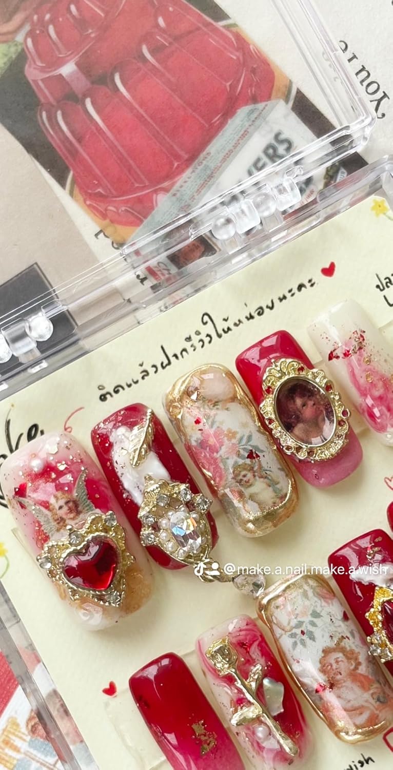 Boudoir red angel! press on nails, False nail, fake nails, handmade, nail art  design by make.a.nail.make.a.wish (XS, Nature)