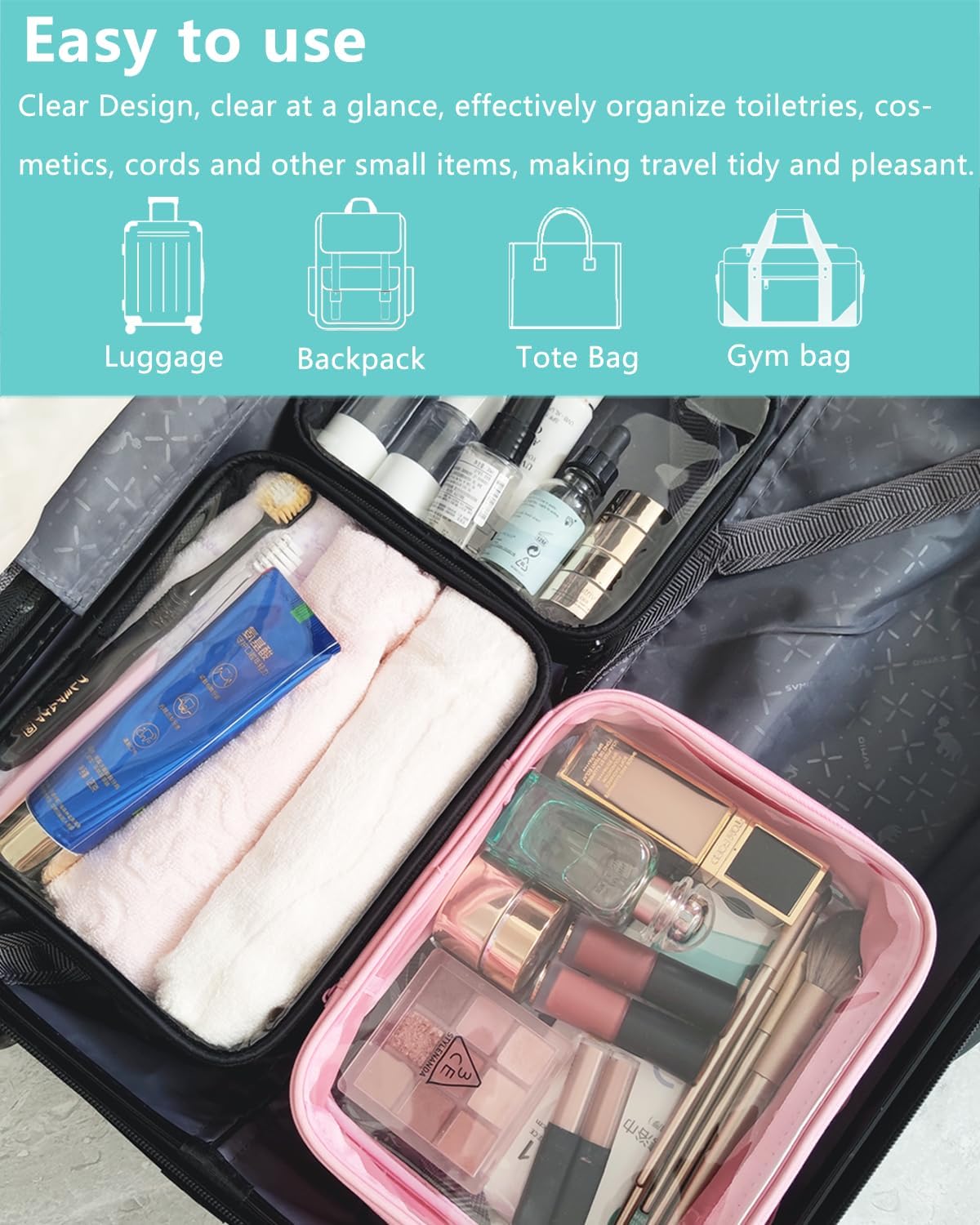 Bolsa de aseo aprobada por la TSA, bolsas de viaje transparentes con asa para artículos de tocador y maquillaje, bolsas de viaje transparentes