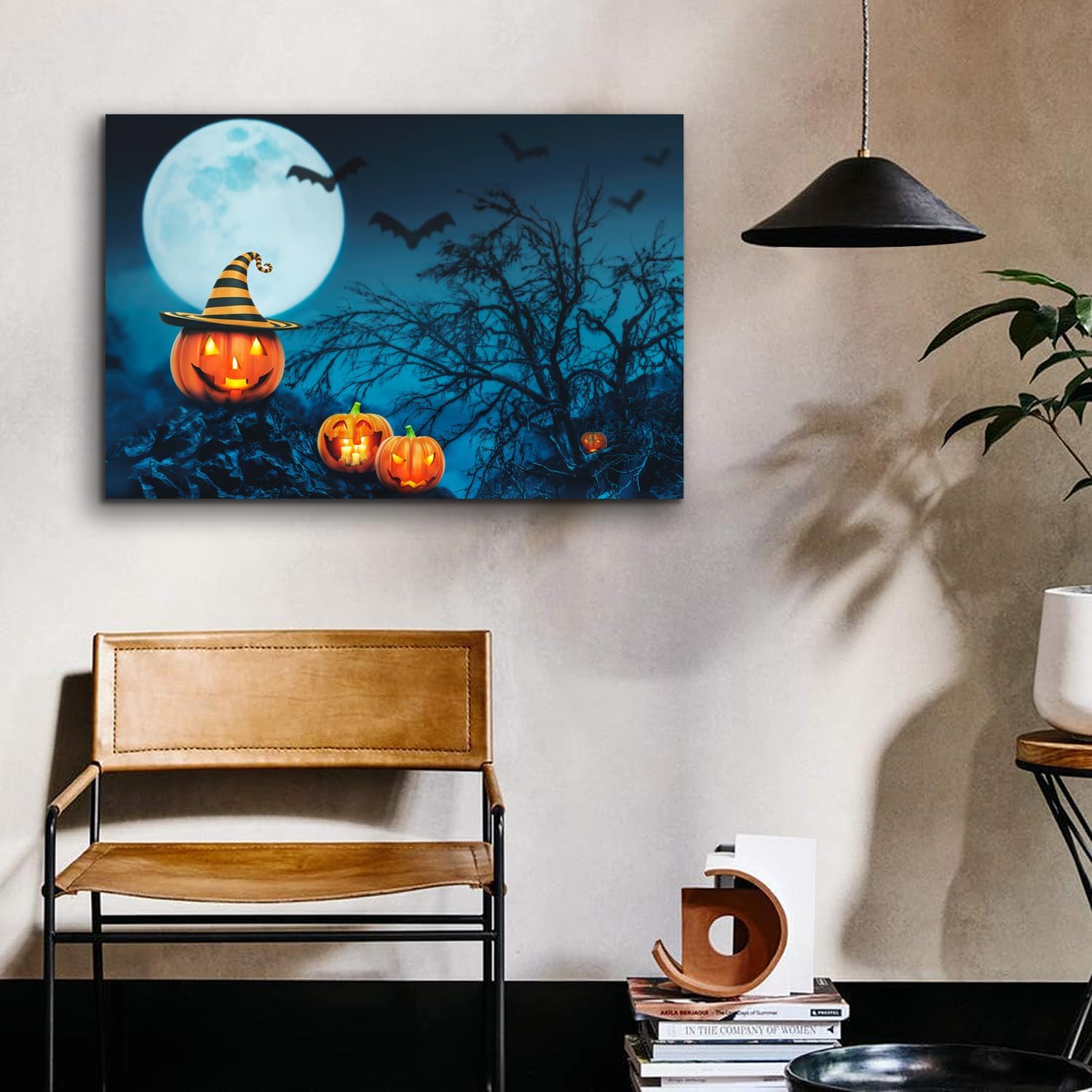 ZKBX – Arte para pared de Halloween, decoración de calabaza, murciélagos de luna, imágenes de noche de bosque oscuro de miedo, impresión en lienzo