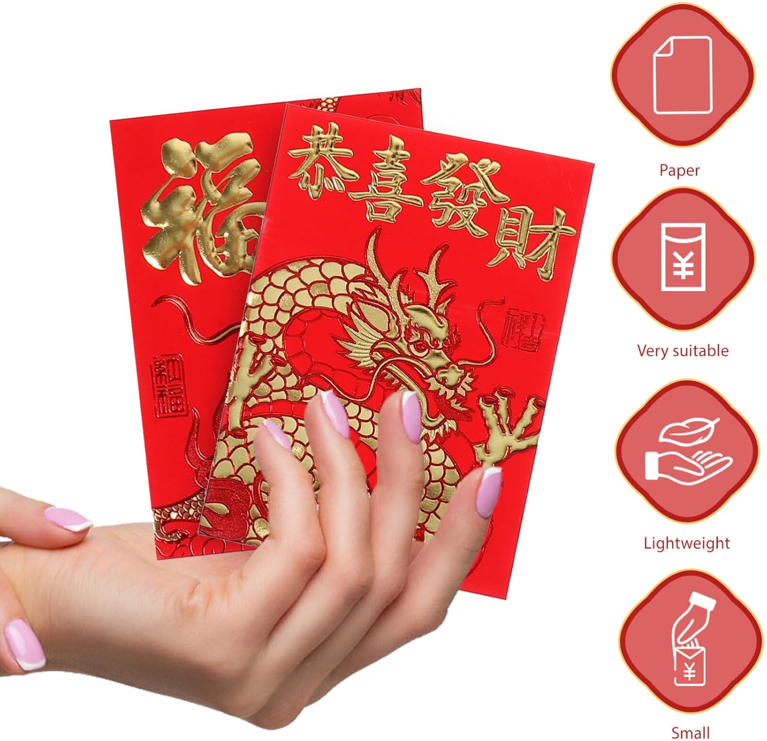 Cabilock 60 sobres rojos 2024 Dragón chino Año Nuevo Dinero Bolsillos Lucky Hong Bao regalo sobres de dinero en efectivo paquetes para Año Nuevo