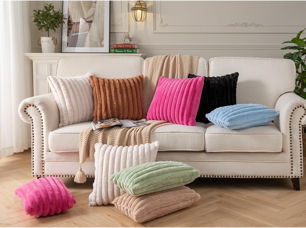DEELAND Paquete de 2 fundas de cojín decorativas de felpa de pelo sintético de doble cara, fundas de cojín suaves a rayas para sofá, dormitorio,