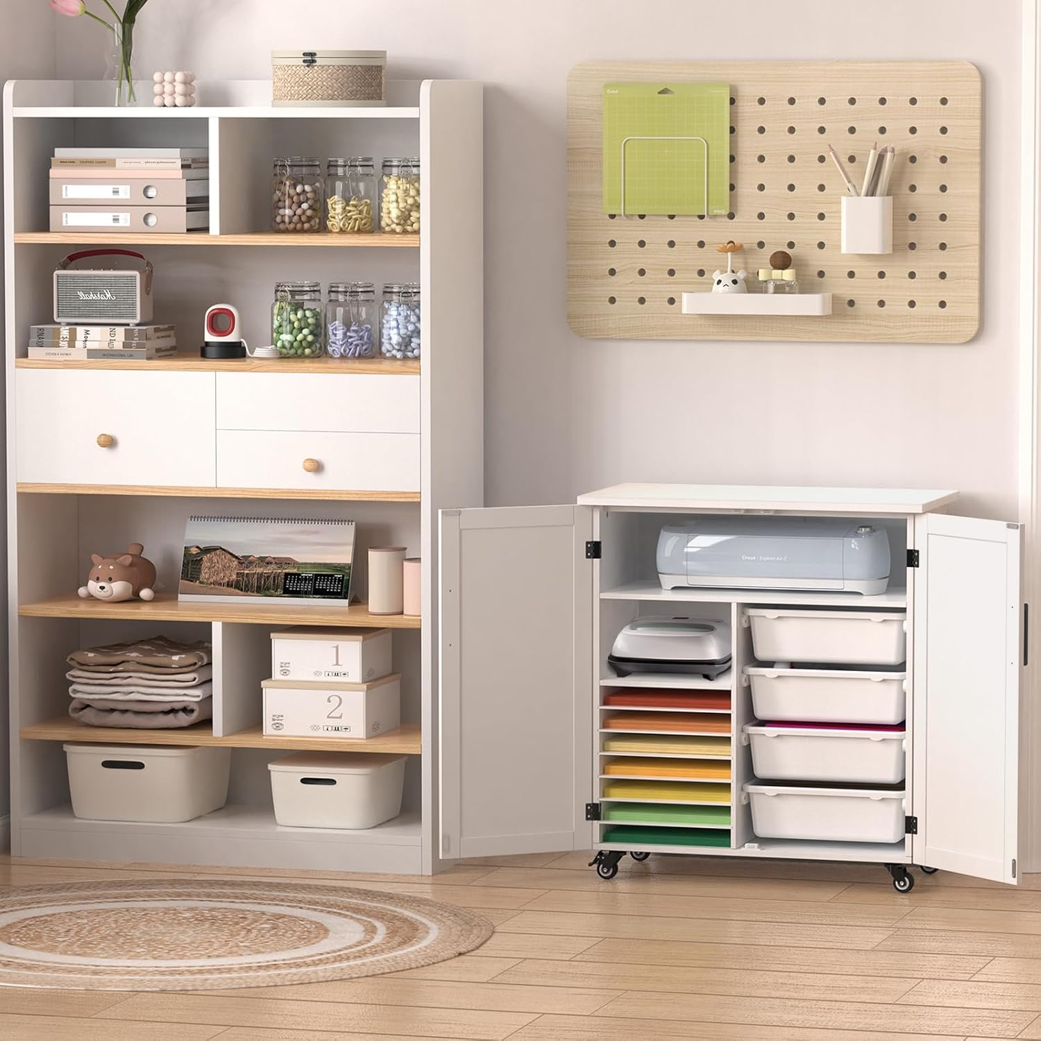 GDLF Carrito de manualidades compatible con Cricut Machine Cricut Mesa Cricut con armario de almacenamiento, carrito de Cricut con cajones diseñados