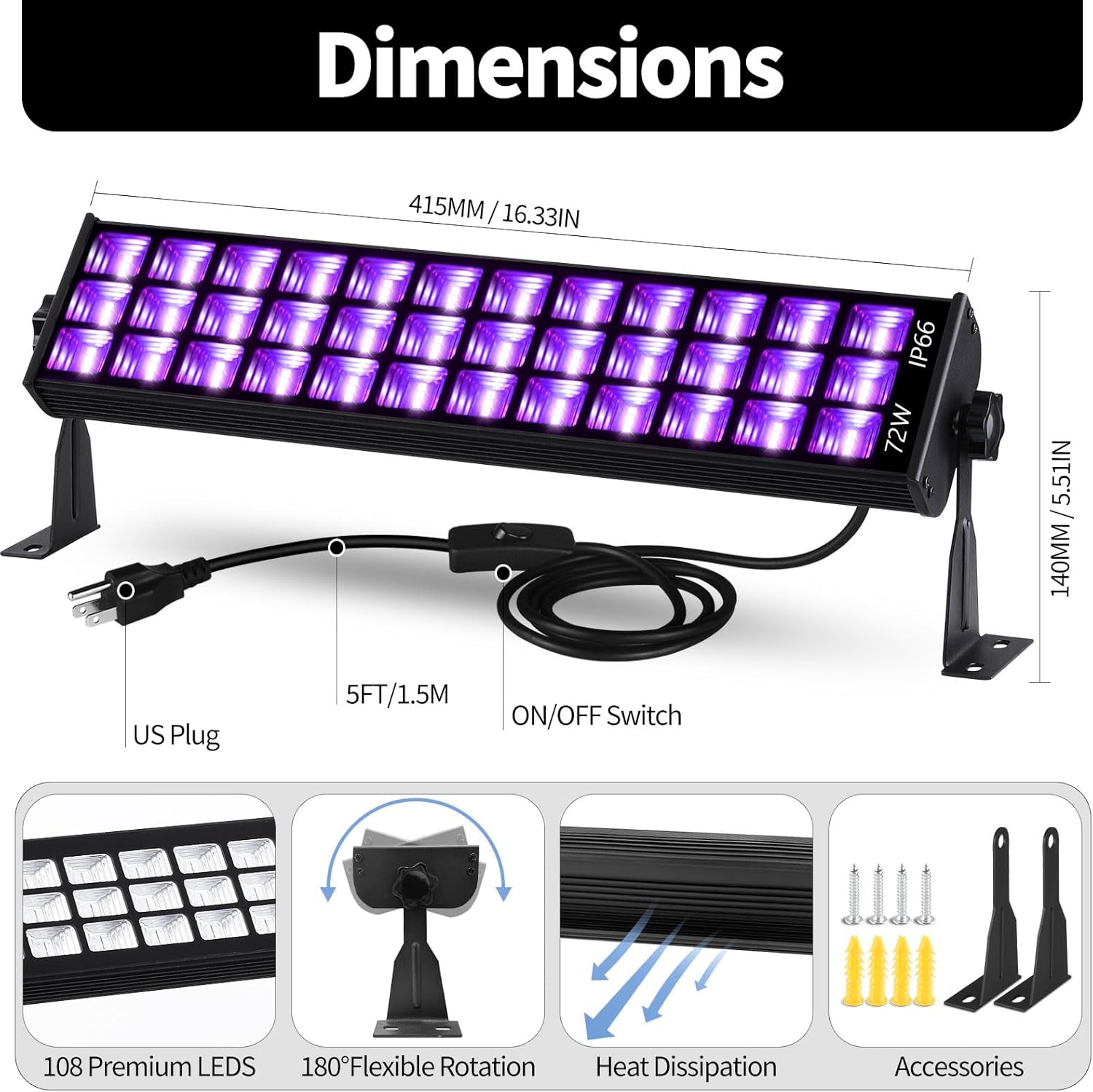 Paquete de 4 barras de luz negra de 72 W, luz negra LED impermeable IP66 con enchufe+interruptor+cable de 5 pies, luces negras para fiesta