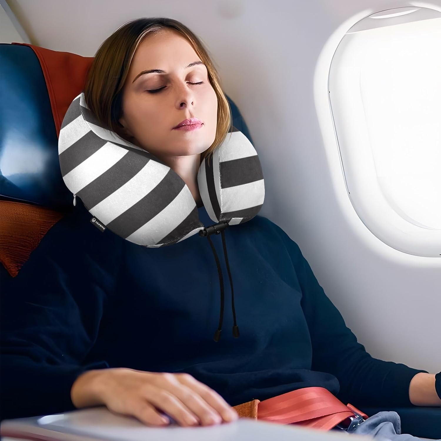 Almohada portátil para el cuello de las rayas negras y blancas que viajan, almohada del avión de la forma de U, niños de la almohada del viaje