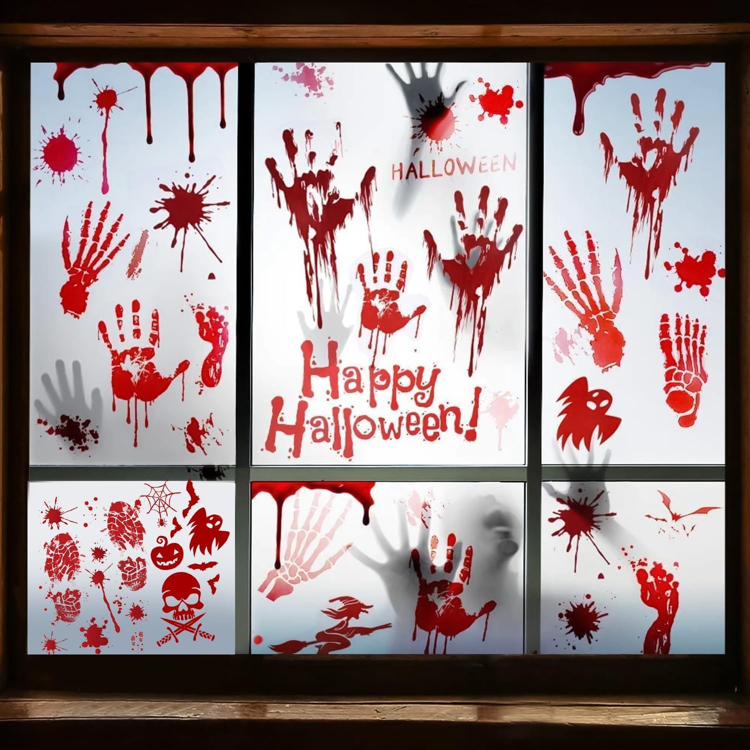 Decoraciones de Halloween, 8 hojas95 piezas de huellas de manos sangrientas de Halloween, calcomanías de pared para el suelo, huellas de terror para