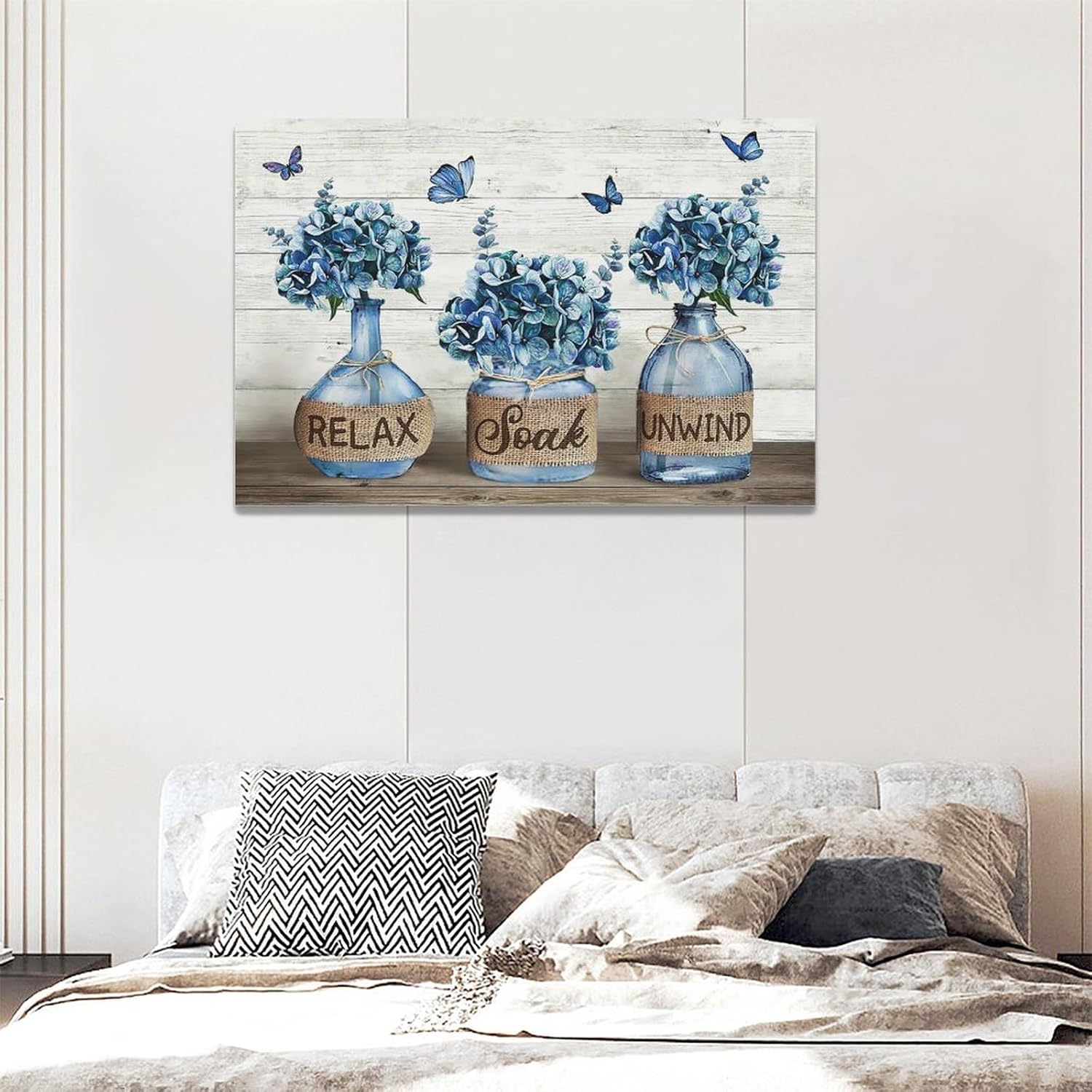 Decoración de baño de granja, arte de pared, diseño de flores de hortensias azul marino, impresiones en lienzo con texto “Country Relax Soak