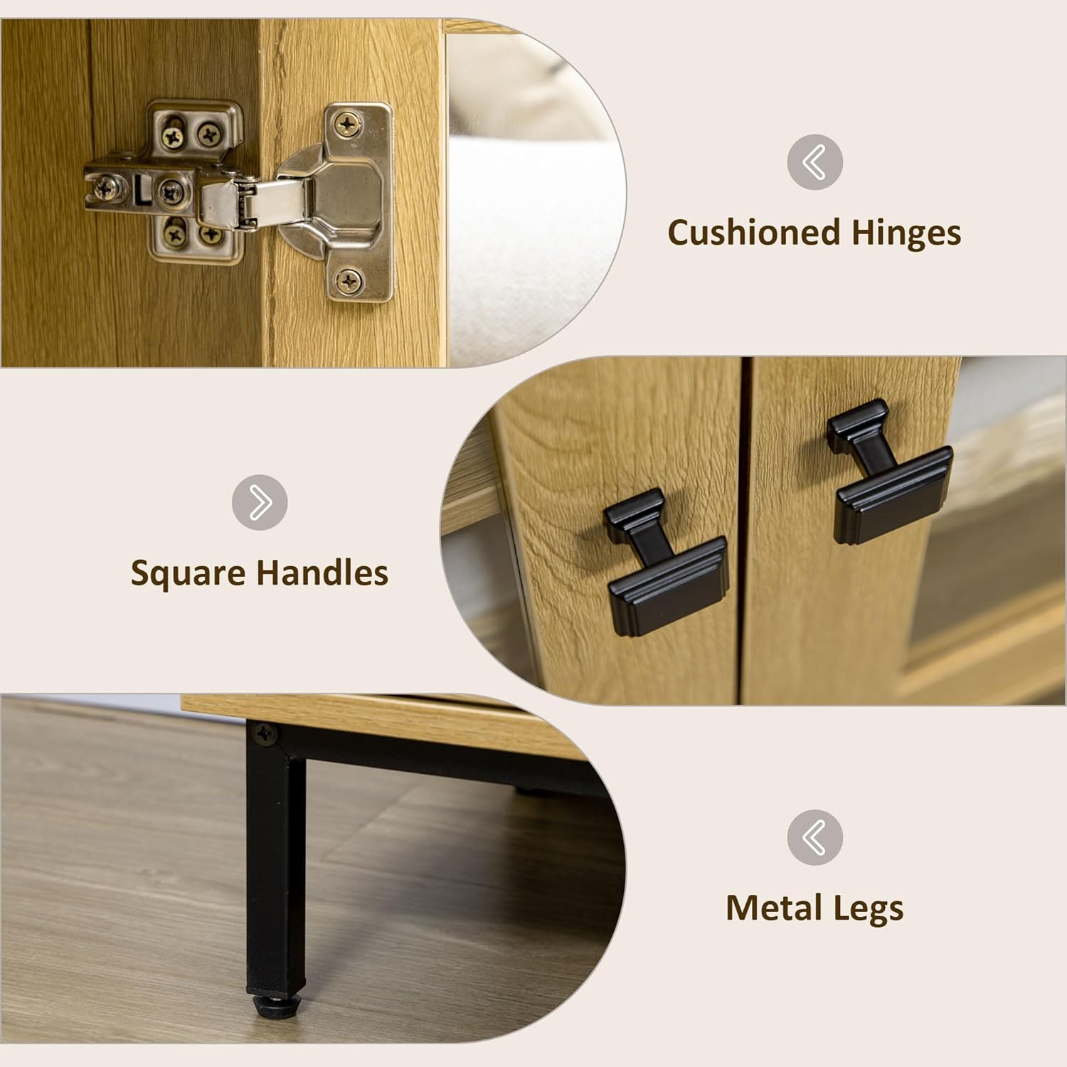 HOMCOM Aparador de buffet, armario de almacenamiento de cocina con puertas de vidrio dobles, bisagras de cierre suave y patas de metal, roble