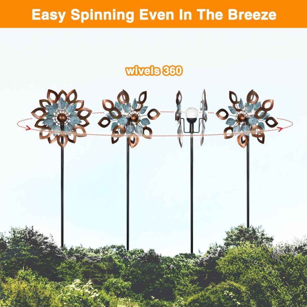 Molinillos solares de viento para exteriores, 74 pulgadas, esculturas de viento de metal cinético y molino de viento para decoración de jardín (LED