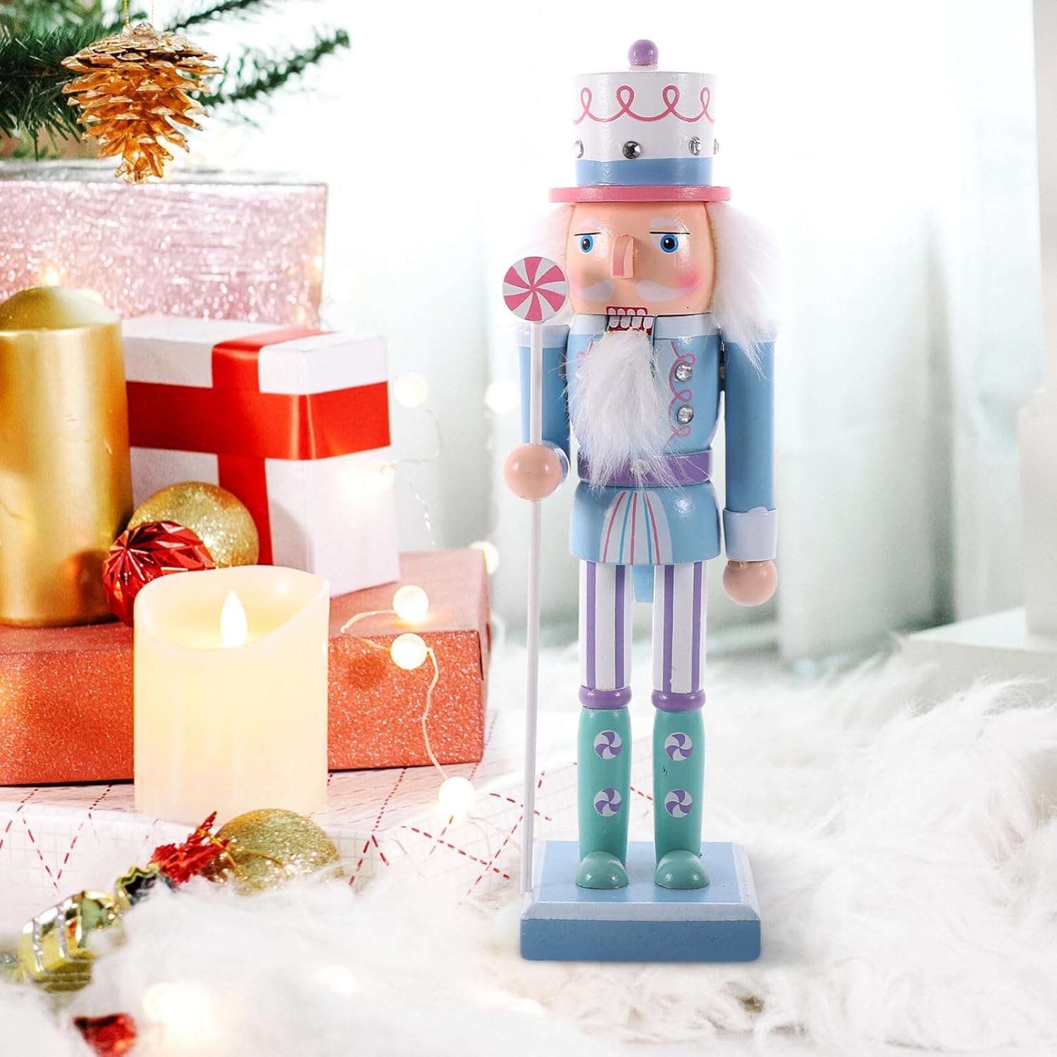 Garneck Soldado de cascanueces de Navidad de madera, decoración de figura de cascanueces de Navidad azul, adorno de cascanueces de 9.8 pulgadas para