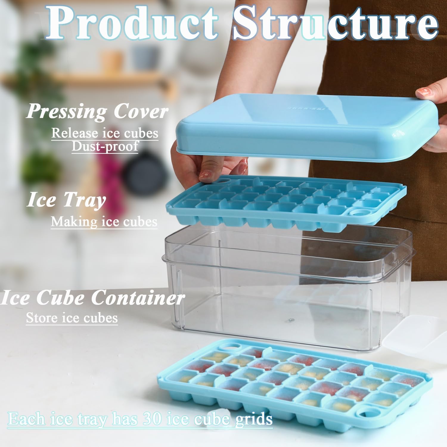 DAYHAP Bandeja para cubitos de hielo con tapa, bandejas de hielo para congelador, molde para máquina de hielo con recipiente, 60 bandejas de hielo