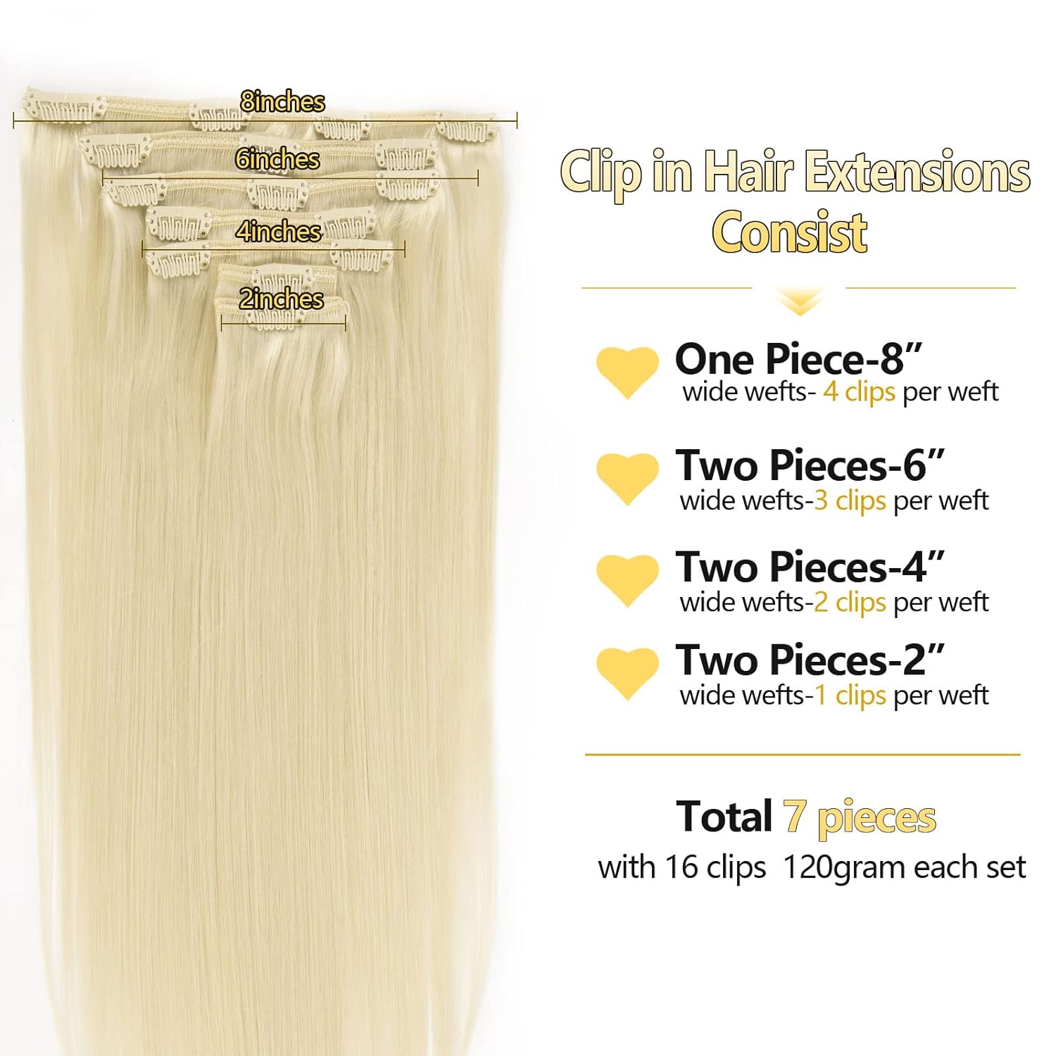 OURI Extensiones de cabello humano real sin costuras, 14 pulgadas, 4.23 oz, 7 unidades, Remy 100 natural, doble trama, color rubio degradado, largo,