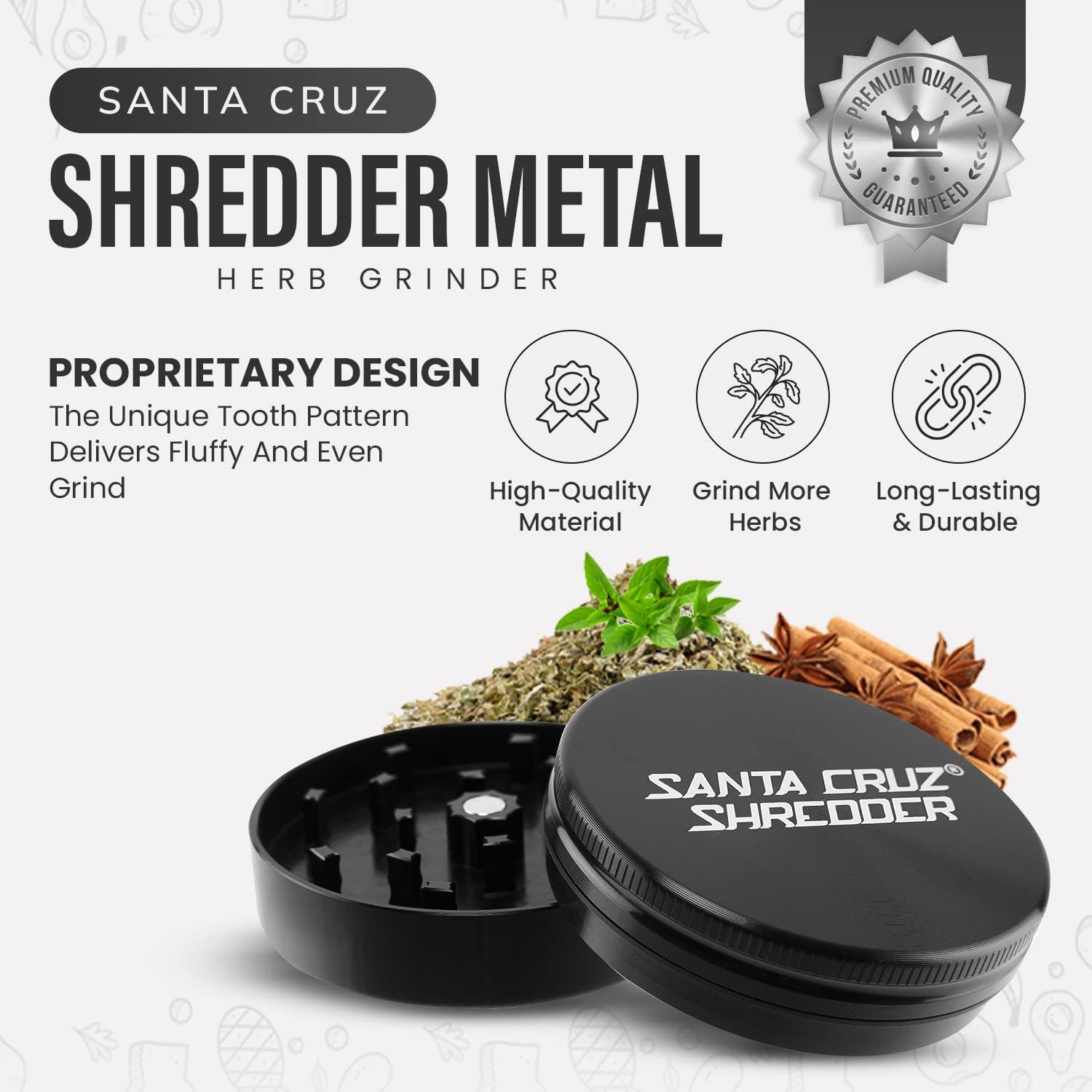 Santa Cruz Shredder Molinillo de hierbas de metal con parte superior moleteada para un agarre más fuerte, 2 piezas de 2.2 pulgadas (negro)