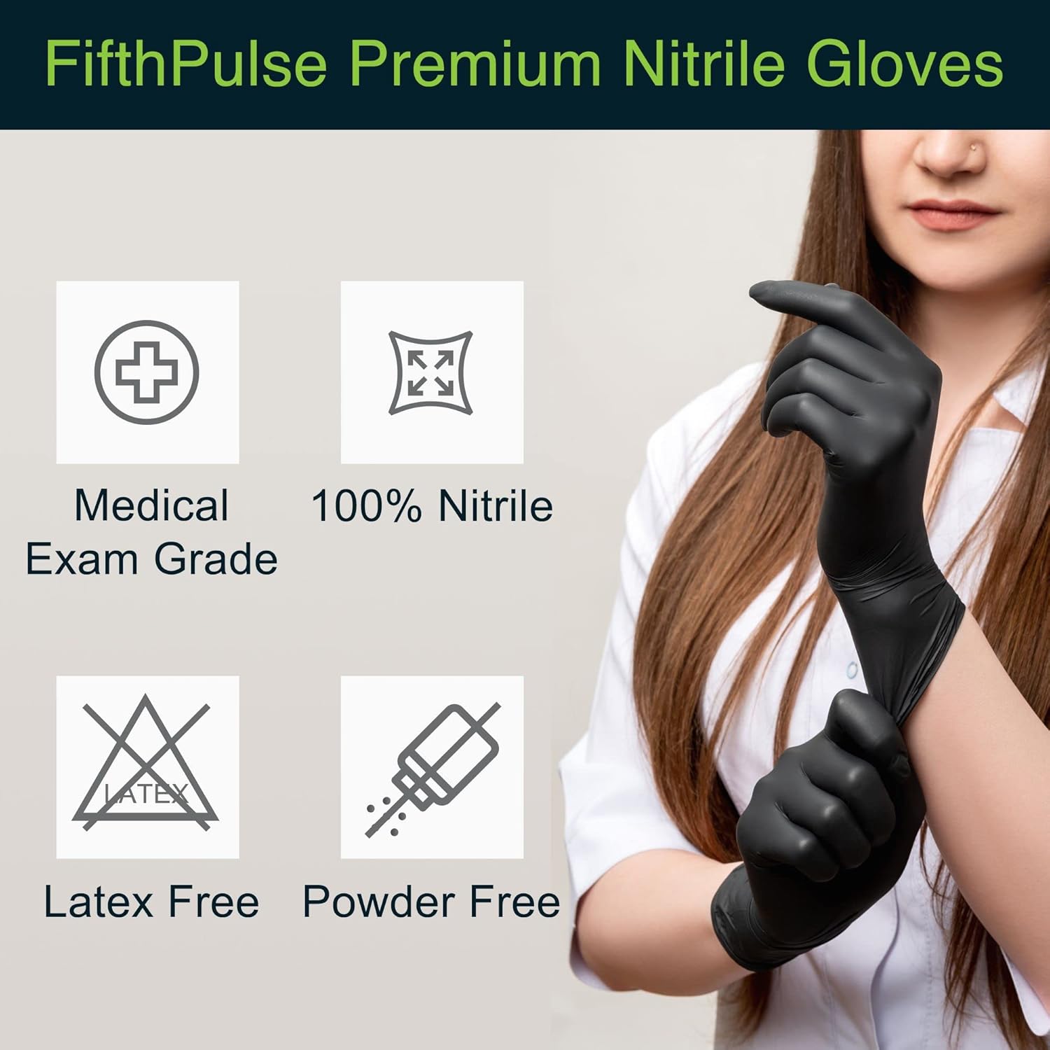 Paquete de 50 guantes desechables de nitrilo sin látex y sin polvo de grado médico para usos quirúrgicos y dentales (color negro, 3 milímetros de