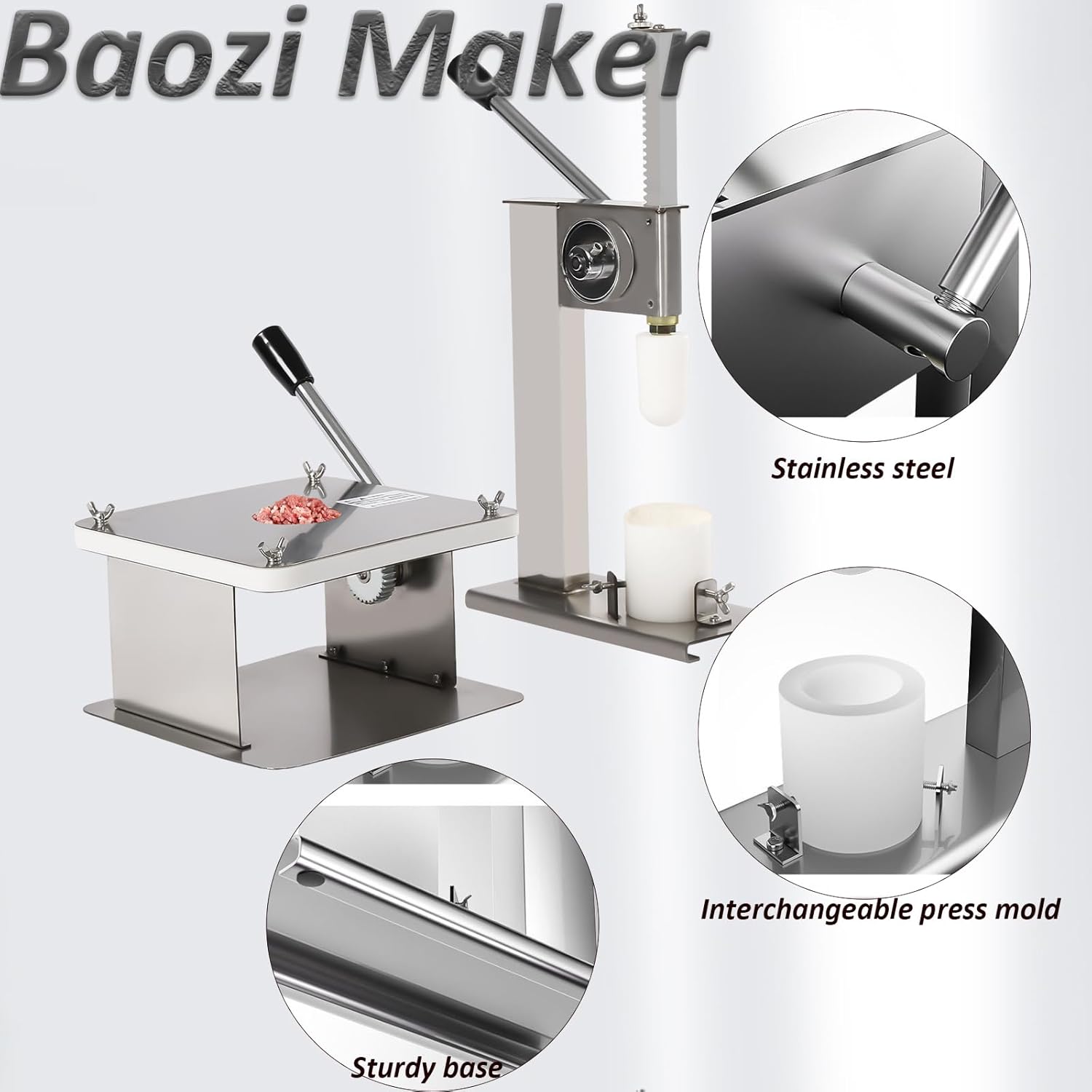 LOYALHEARTDY Baozi Maker, máquina de hacer bollos de acero inoxidable manual para hacer bollos con 3 tamaños de moldes chinos para hacer bao chinos,
