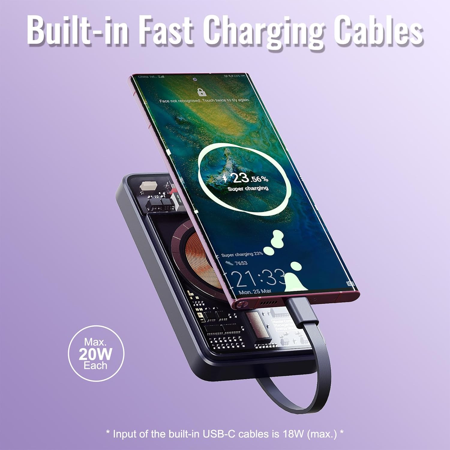 Miady Batería magnética de 10000 mAh, PD 20 W USB-C de carga rápida Power Bankw cables incorporados, cargador portátil inalámbrico para iPhone