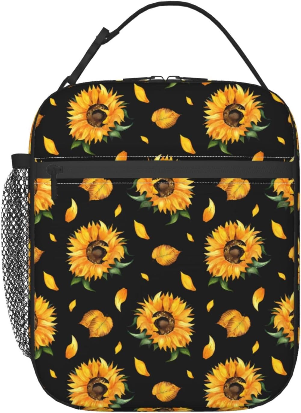 Lonchera con diseño floral de girasol negro, bolsa de almuerzo aislada con flores para mujeres y hombres, reutilizable, portátil, a prueba de fugas,