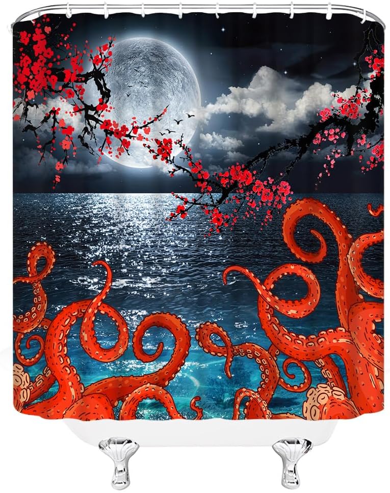 AMHNF Cortina de ducha náutica de pulpo, océano azul, luna llena, mar, kraken, rojo, pulpo, tentáculo, flor de cerezo, noche, naturaleza, decoración