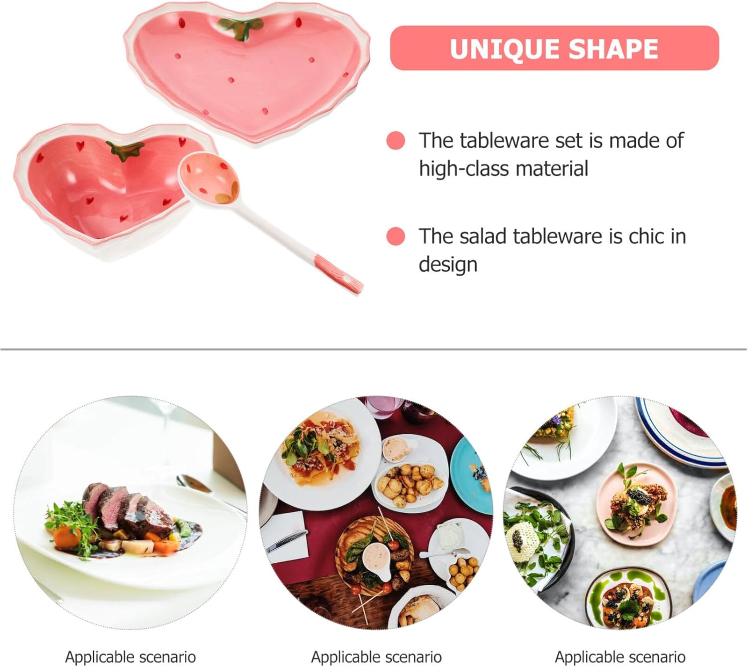 Plato de cerámica con cuchara en forma de corazón de fresa, tazón de ensalada, tazón de postre, aperitivo, platos para sopa, cereales, nueces,