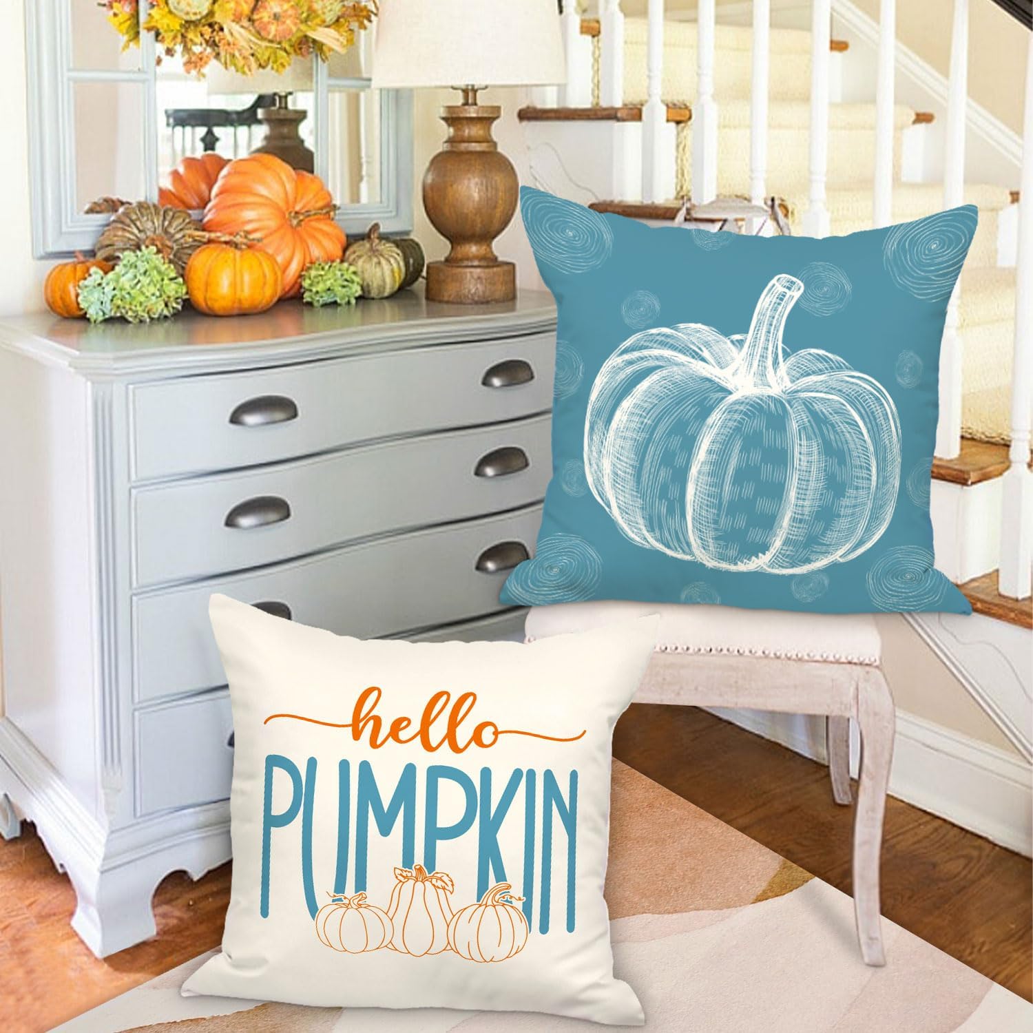 Ywlake Juego de 4 fundas de almohada de otoño de 16 x 16 pulgadas, diseño de calabaza y hojas de arce decorativas para días festivos de 16 x 16