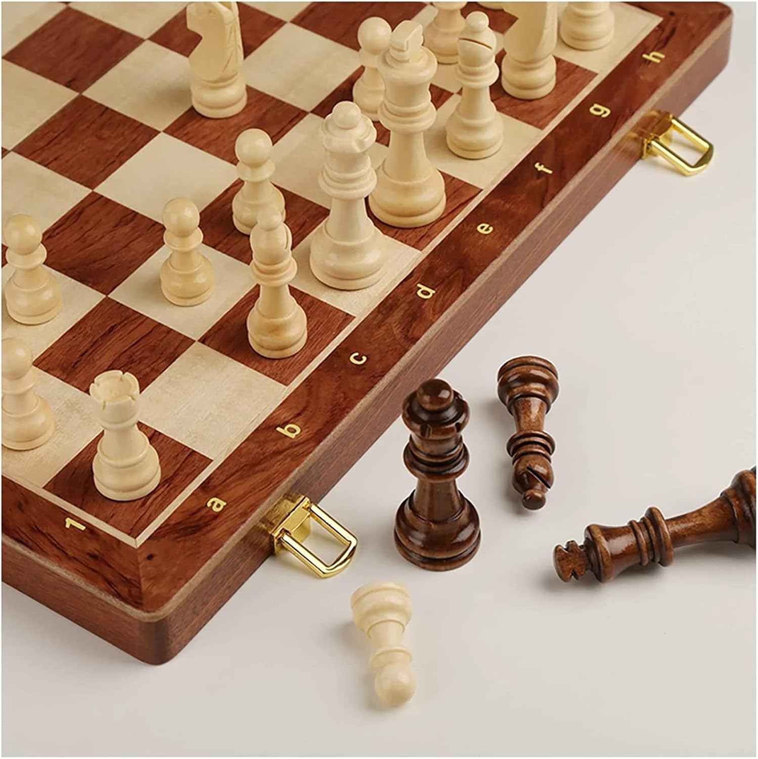 Juego de ajedrez de 15 x 15 pulgadas, juego de ajedrez de madera de nogal con incrustaciones con tablero de ajedrez plegable, piezas de ajedrez