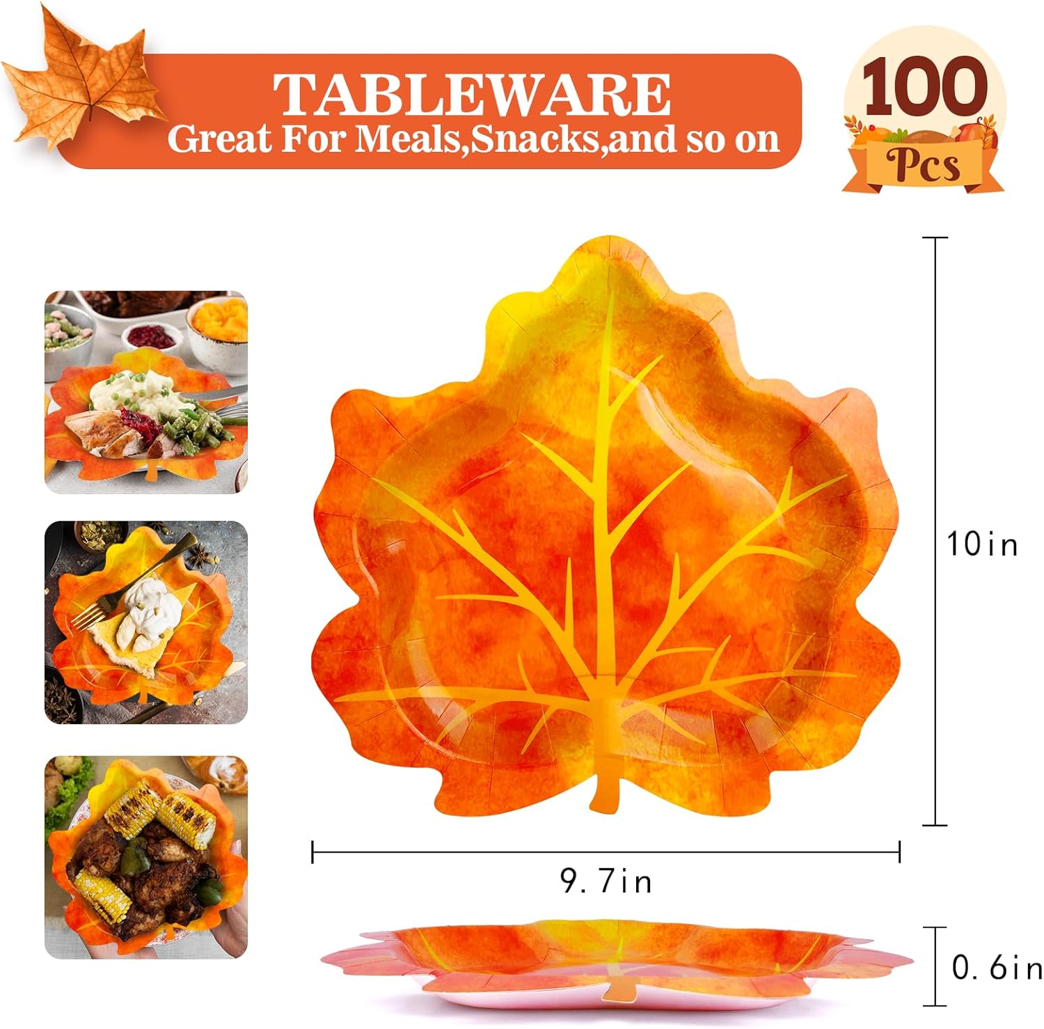 100 platos de Acción de Gracias de 10 pulgadas, hojas de otoño, desechables, vajilla de papel para dar gracias, ensalada, aperitivo, platos de