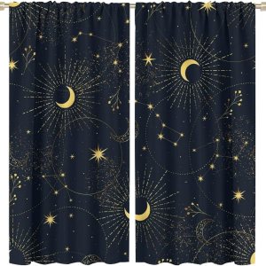 Cortinas opacas con diseño de estrellas y luna, diseño de cielo estrellado de dibujos animados, bohemio, con bolsillo para cortinero, tratamiento de Cortinas opacas con diseño de estrellas y luna, diseño de cielo estrellado de dibujos animados, bohemio, con bolsillo para cortinero, tratamiento de