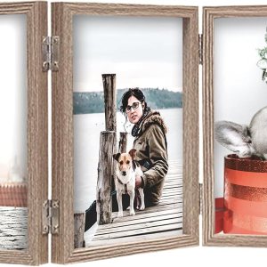 TOFOREVO Marco de fotos de madera triple de 4 x 6 pulgadas, con tres bisagras, soporte de cristal verticalmente en escritorio o mesa TOFOREVO Marco de fotos de madera triple de 4 x 6 pulgadas, con tres bisagras, soporte de cristal verticalmente en escritorio o mesa