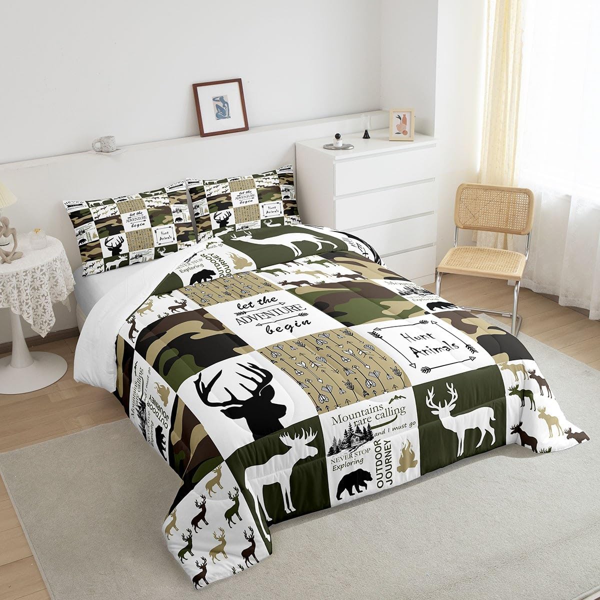 Castle Fairy Juego de edredón de cuadrícula tamaño Queen para niños, adolescentes, niños, decoración del hogar, ropa de cama de camuflaje de ciervos