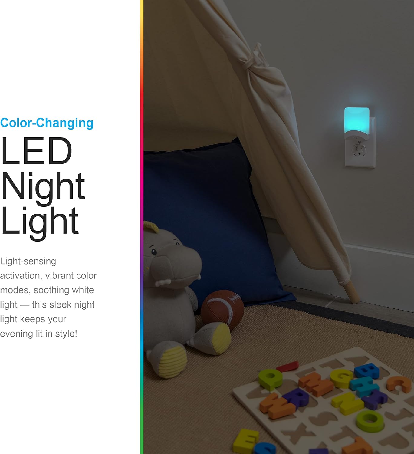 GE 34693 – Luz de noche LED cambiante, modos de color blanco y vibrante, para enchufe, sensor de atardecer y amanecer, eficiencia energética,
