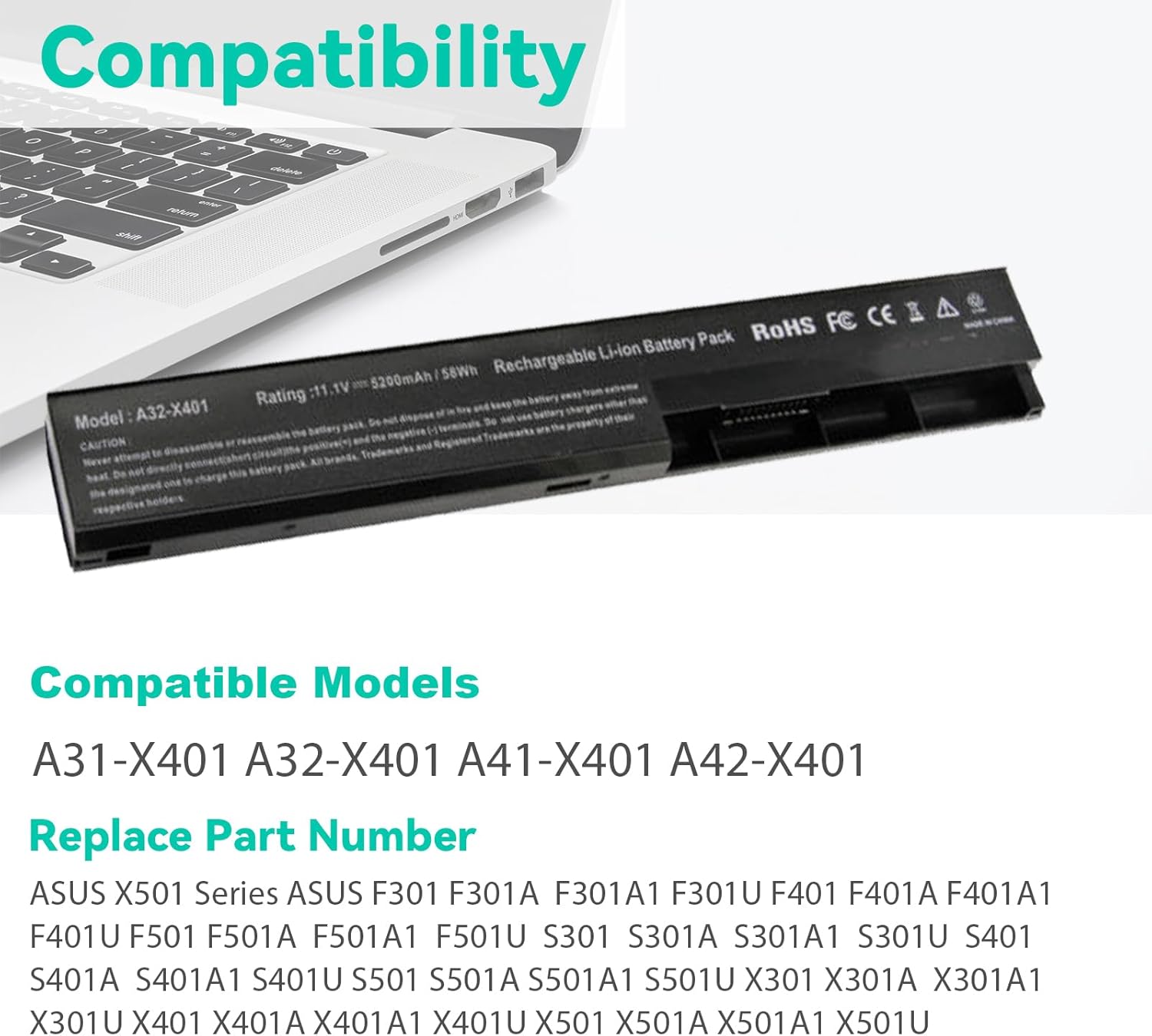 Fancy Buying Batería para portátil compatible con Asus X501A X301 X301A X301U X401 X401A X401U X501 X501U A31-X401 A32-X401 A41-X401 A42-X401