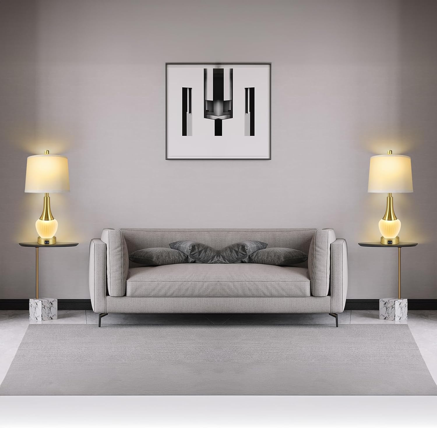 Juego de 2 lámparas de mesa para sala de estar, lámpara de noche de cristal moderna con puertos USB, lámparas de mesita de noche regulables de 4