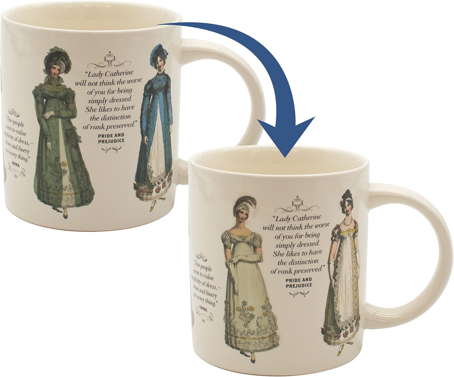 The Unemployed Philosophers Guild Jane Austen Finery – Taza que cambia de color, transforma el calor, vestidos de noche reveladores, viene en caja