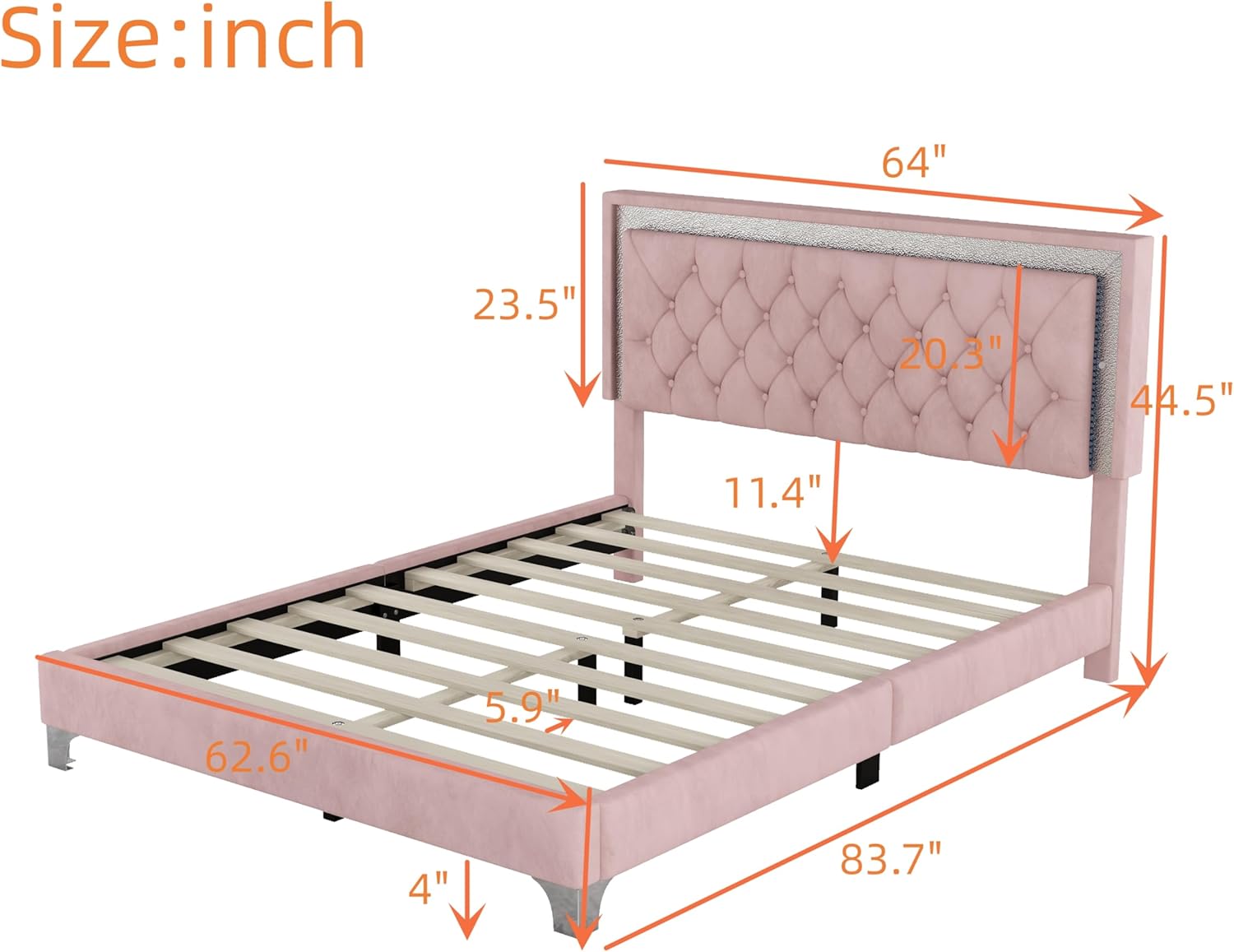 Base de cama tapizada tamaño Queen con luces LED, cama de plataforma de terciopelo moderna con cabecera capitonada de cristal, para niños,