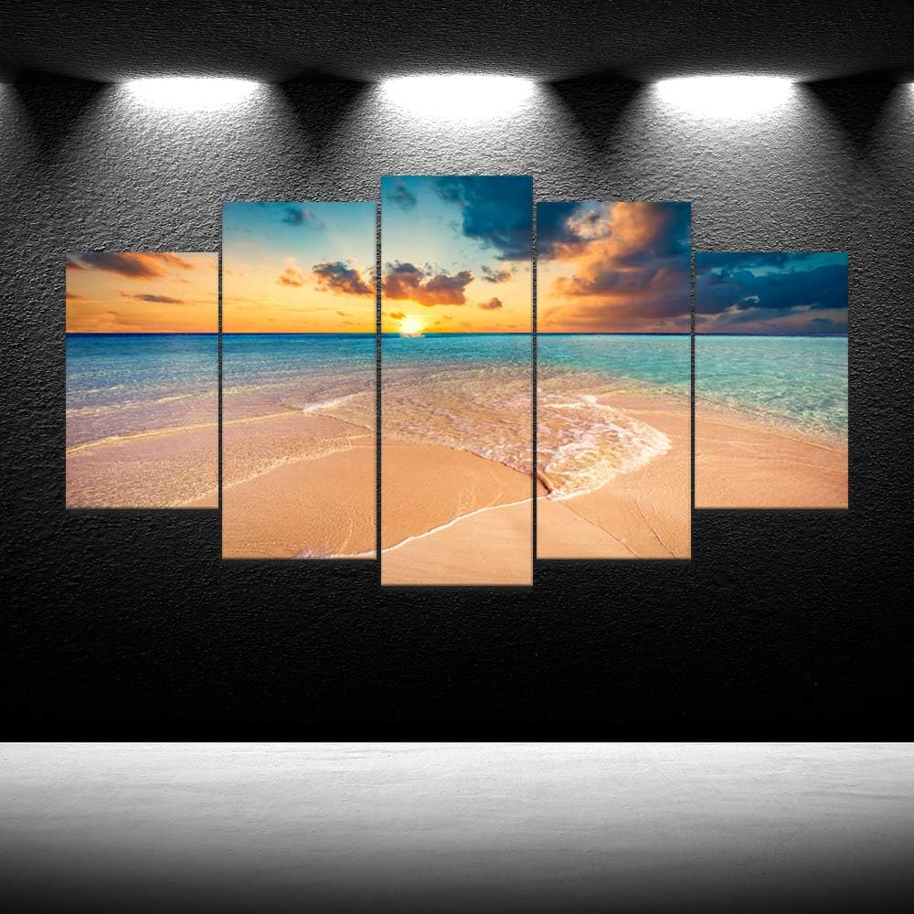 iKNOW FOTO Impresiones en lienzo divididas de 5 paneles grandes, playa tropical con arena blanca y turquesa transparente, arte de pared del océano,