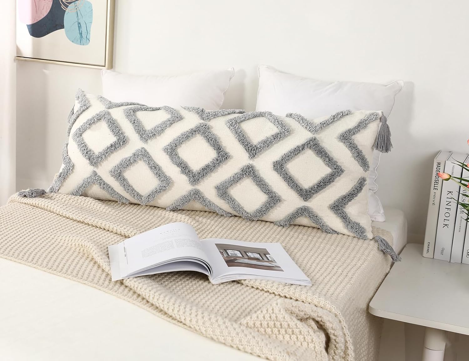 PANOD Funda de almohada lumbar larga decorativa de 14 x 36 pulgadas, bohemia, funda de almohada lumbar de felpilla súper suave con borlas para cama,