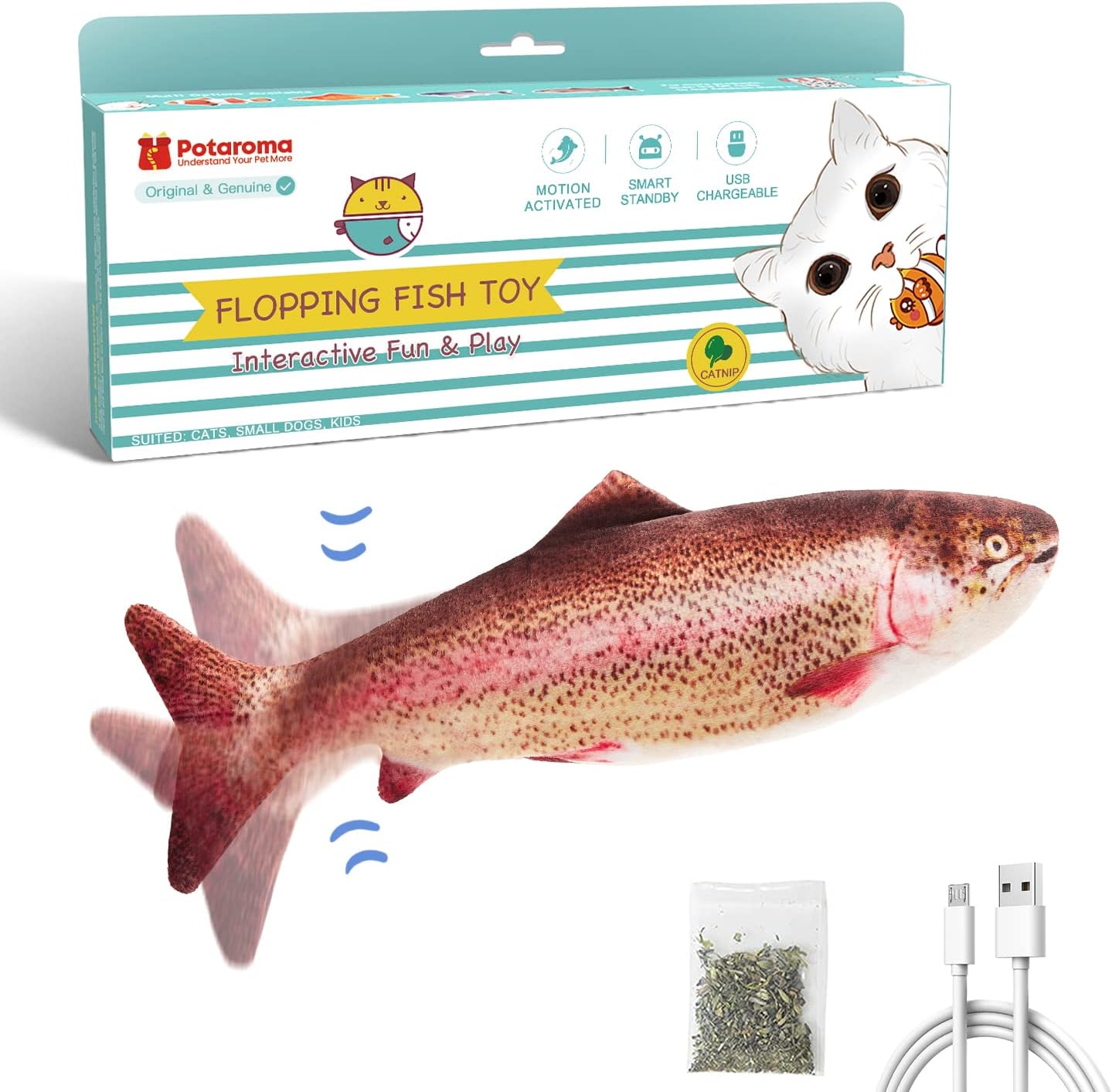 Potaroma Pez flotante eléctrico de 10.5 pulgadas, pez pateador de gato en movimiento, juguete de pez flexible para perros pequeños, juguetes de