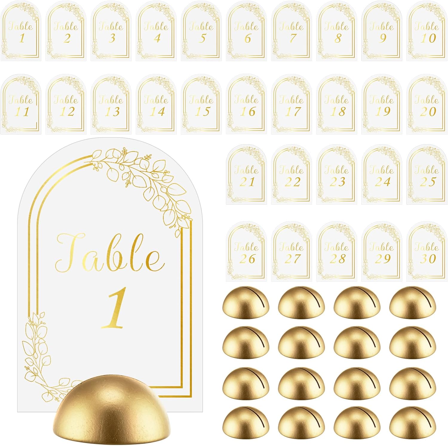 60 tarjetas de números de mesa de arco con soportes de números de mesa redondos, soportes de números de boda modernos dorados, letreros de número de