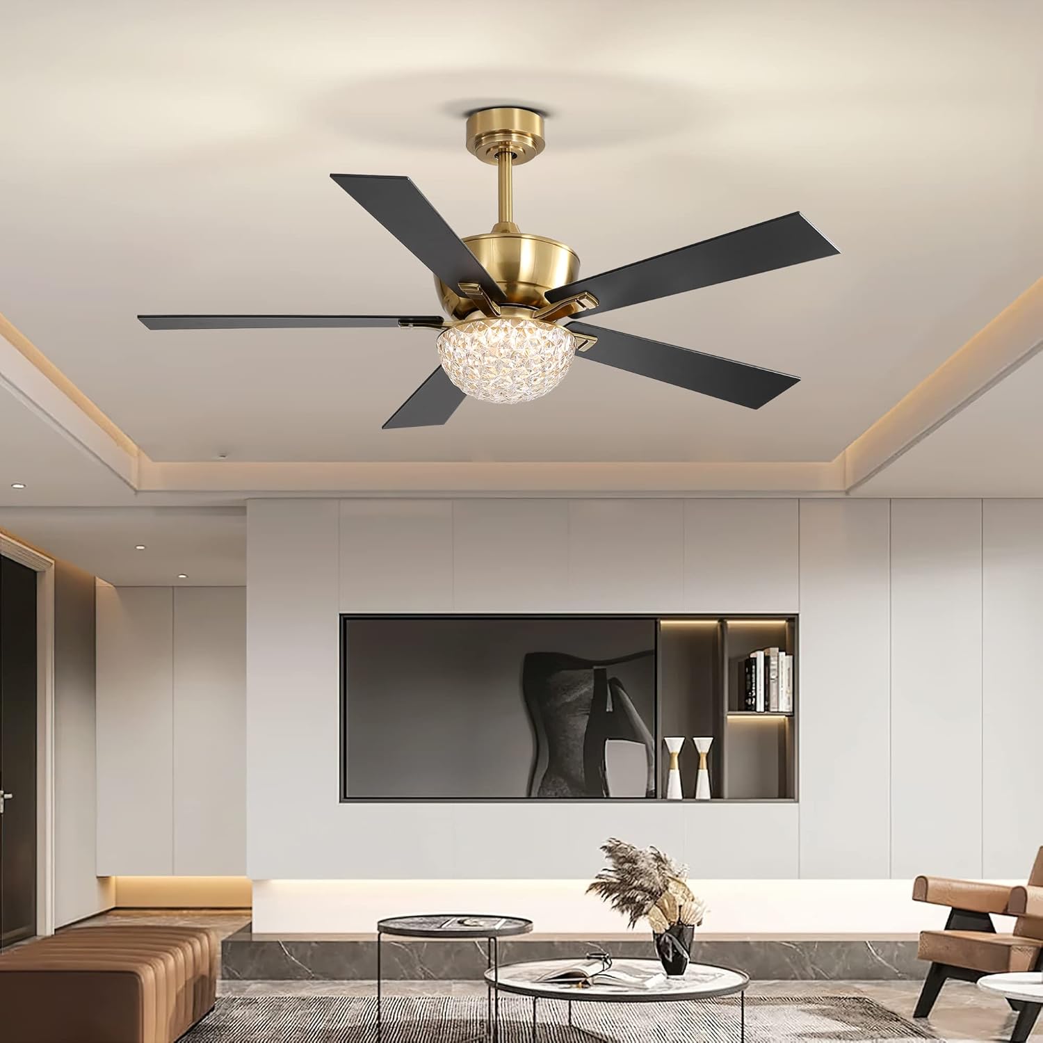 Breezary Ventilador de techo de 52 pulgadas con control remoto de luces, moderno ventilador de techo dorado y negro con cristal, motor de CA