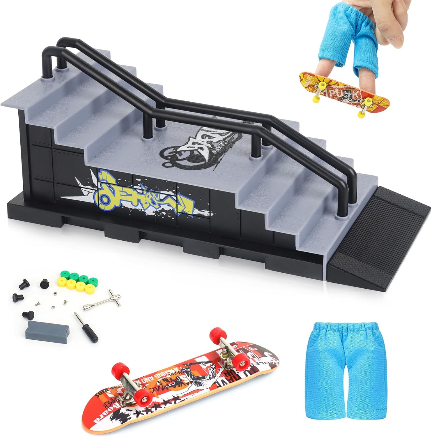 KETIEE Mini rampa de patinetas para dedos kit de patinaje de patinaje con diapasón y mini pantalones cortos de dedo para juego interactivo de