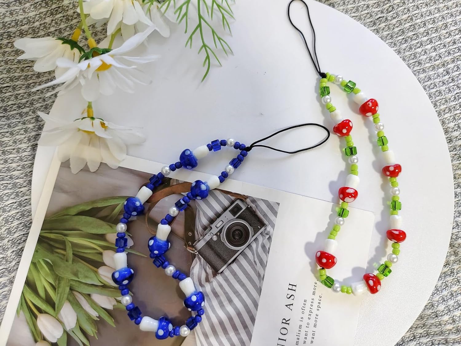 1  2 unidades de cordón con cuentas de hongos azulrojoverde para teléfono, accesorios estéticos, correa de muñeca dulce, cadena antipérdida para
