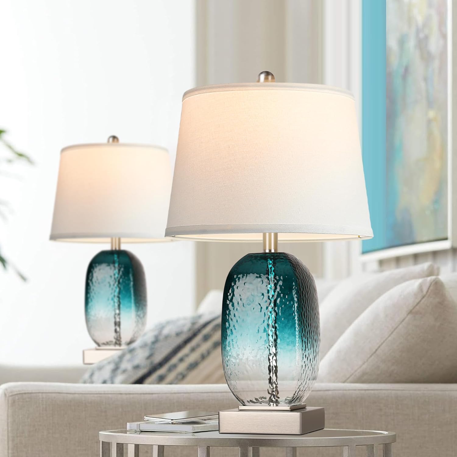 Juego de 2 lámparas de mesa con control táctil, moderna lámpara de noche de cristal verde azulado costero con 2 puertos USB, lámparas de mesa de