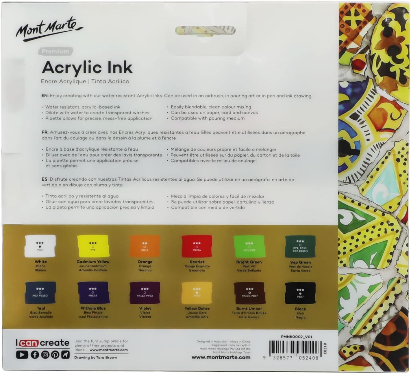Mont Marte Tinta acrílica de alta calidad, 12 unidades x 0.7 fl oz (0.7 onzas líquidas), tintas acrílicas para artistas, colores esenciales, ideal
