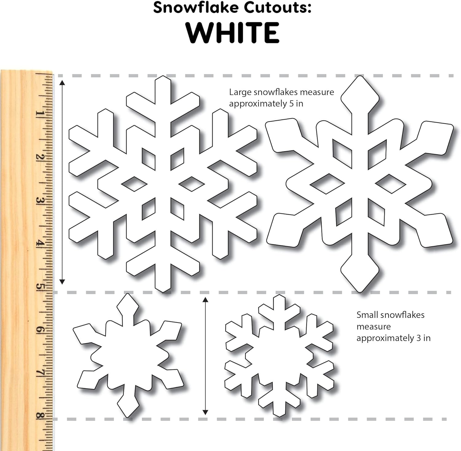 80 piezas de recortes de papel de copo de nieve con guía IDEA, tarjeta de 2 lados fabricada en Estados Unidos, copos de nieve blancos para tablones