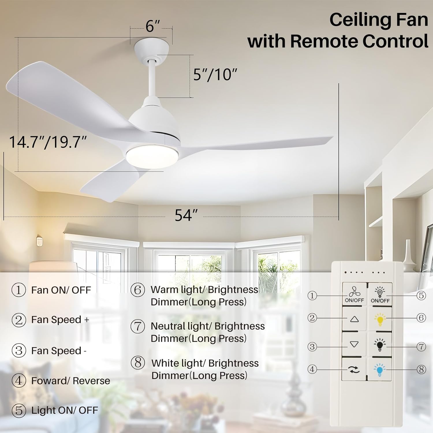 Sofucor Ventilador de techo inteligente moderno de 54 pulgadas con control remoto de luces, motor silencioso de CC de 3 aspas blancas ABS, LED