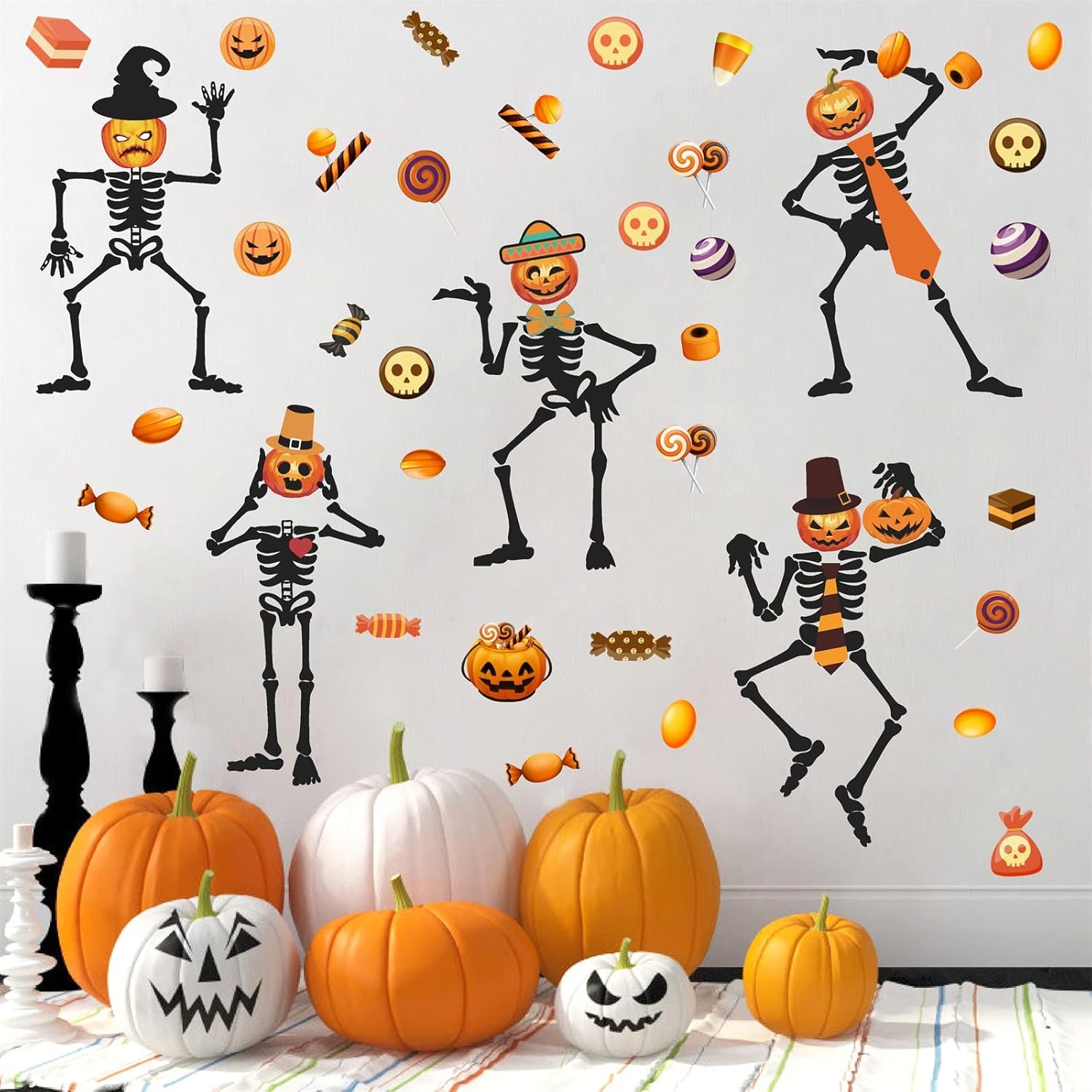 Calcomanía de pared de esqueleto de Halloween, calcomanías de pared de caramelo de calabaza, calcomanías de vinilo para ventana de Halloween,