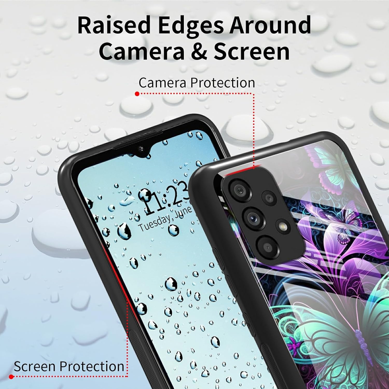 Funda para Samsung Galaxy A32 5G Galaxy A32 5G, vidrio templado, funda negra con diseño de mariposas diseñada para mujeres y hombres, funda de