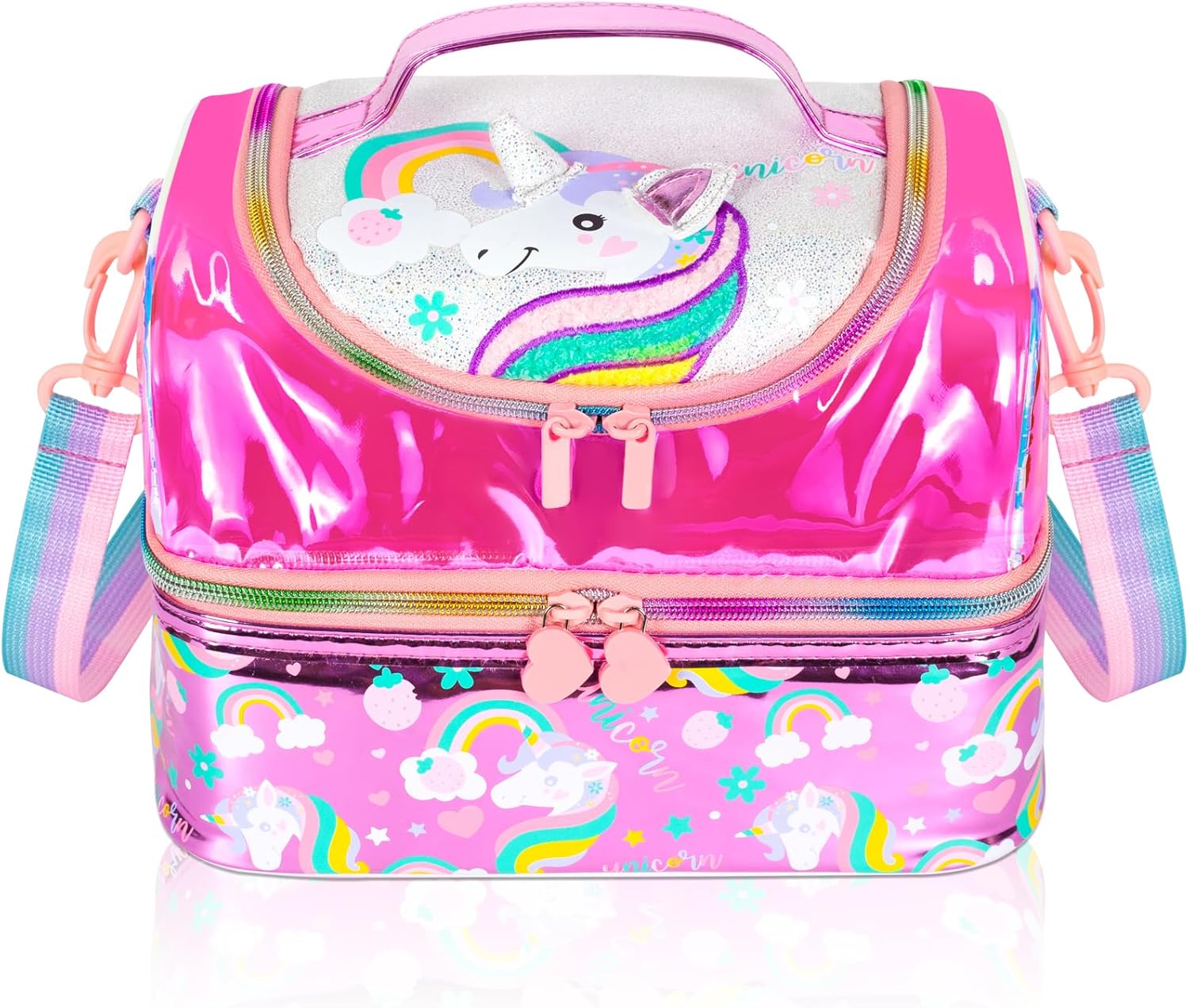 YOYTOO Bolsa de almuerzo aislada de dos pisos para niños, niñas, hombres, mujeres, con correa ajustable, unicornio